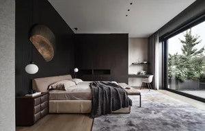 Modern bedroom interior with walnut, leather, and textiles