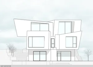 An illustration of a modern house featuring glass exterior walls.