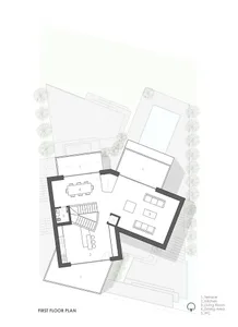 Floor plan of a modern house on the first floor.