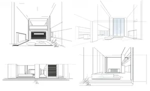 Line drawings of a modern interior design focusing on lighting elements.