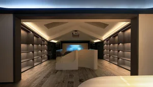 A modern library with wooden-paneled shelves and a sleek, curved reception desk in the foreground.