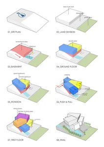 Floor plan of a commercial building with various rooms and spatial arrangements.