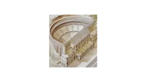 Stone construction of a Greek amphitheater or stadium with multiple levels and seating arrangements.