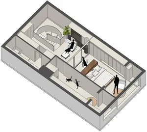 Perspective floor plan of a modern residential suite with a neutral color palette, showcasing a living area, kitchen, and bed