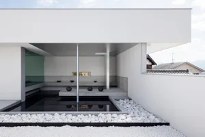 Minimalist residential interior with concrete surfaces and a serene water feature.