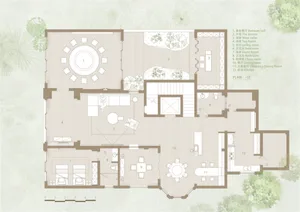 1-level architectural floor plan showing living spaces, layout with a winter garden