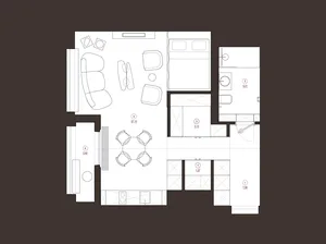 Minimalist architectural floor plan with living room, dining area, kitchen, bedroom, and bathroom.