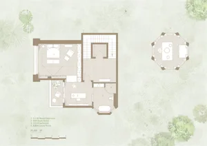 A minimalist floor plan rendered in 3D, depicting a residential layout with modern design elements.