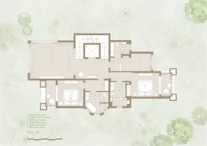 A modern floor plan with a white aesthetic, featuring a living room, kitchen, and bedrooms.