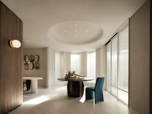 Modern living room featuring marble, wood, and glass materials.