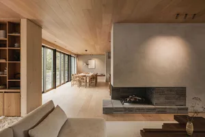 Modern living room with a wooden ceiling, floor, and built-in shelves, stone fireplace, and large windows.