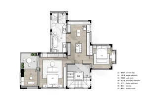 A modern interior design plan featuring wooden and marble flooring.