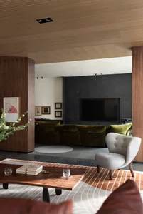 A modern living room featuring wooden walls and furniture, with a focus on a comfortable seating area and a minimalist design