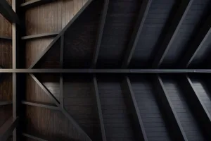Ceiling with industrial steel beams and wooden panels