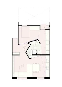 A minimalist apartment with neutral tones featuring an open concept layout.