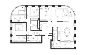 A modern apartment layout with living room, kitchen, bedrooms, and bathrooms.