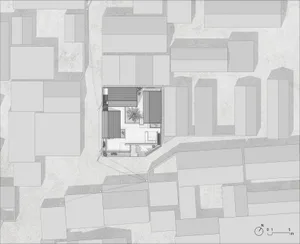 Floor plan of a modern house showing the interior layout and design features.