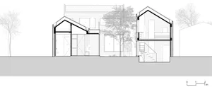 Perspective view of a modern interior design with brick and glass elements.