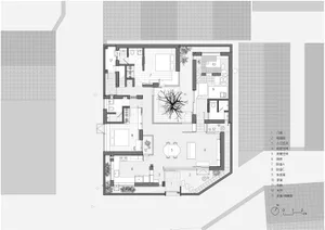Modern architectural floor plan with concrete elements and an indoor tree.