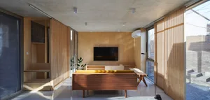 Modern living room featuring wooden elements and minimalist design.