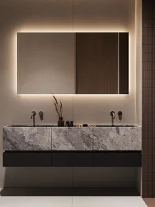 Modern bathroom featuring a marble countertop, wooden accents, and ceramic tile walls.