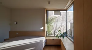 A minimalist bedroom with large windows and a wooden bed, featuring a plant and natural light.