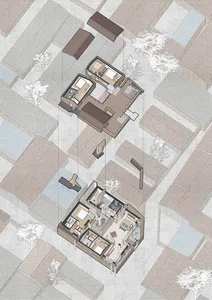 A detailed 2D architectural drawing of a modern residential building, showcasing contemporary design elements such as open-co
