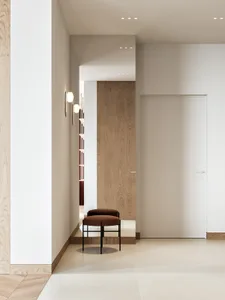 Modern white interior corridor with wooden flooring and walls.