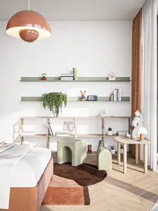 A modern minimalist bedroom with floating shelves, white walls, and a mix of wooden, textile, and metal materials.