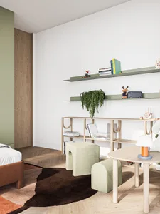 Modern children's bedroom with wooden shelves, green and white furniture, and a plant.