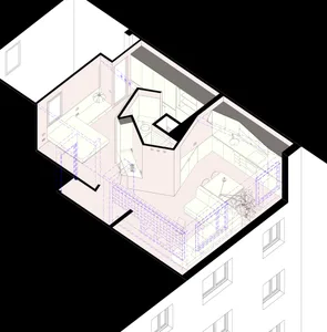 An isometric view of a minimalist modern apartment with white walls and light-colored flooring.