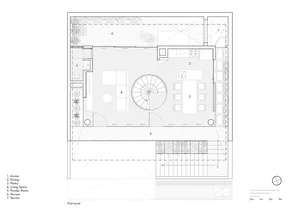 A detailed flat floor plan of a house showing various rooms such as access, dining, pantry, living space, powder room, terrac