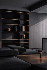 Modern minimalist living room featuring metallic furniture and dark, elegant accessories.