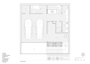 Floor plan of a modern residential building with two cars parked in the carport, a maid room, and storage units.