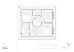 Modern second floor plan featuring a central staircase and multiple bedrooms and bathrooms.