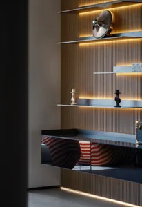 Modern shelf display with metallic floating shelves and lighting