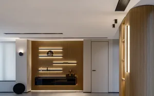 A modern living room featuring wooden walls and shelves with lighting.