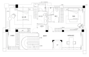 Floor plan showing a home layout with a staircase, bedroom, living room, and other rooms.