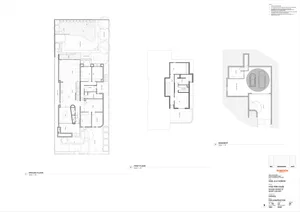 Detailed architectural floor plans for a residential building, including ground floor, first floor, and basement layouts.