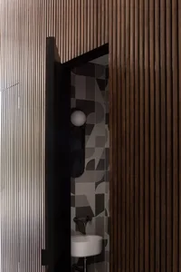 A modern bathroom with a wooden wall and geometric tiles.