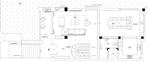 Floor plan of a modern loft space showing living room, dining area, kitchen, and bathroom layouts.