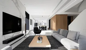 Contemporary living room featuring marble walls, wooden furniture, and glass elements.