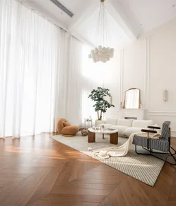 Modern living room featuring a wooden floor with large windows, minimalist furniture, and a cozy atmosphere.