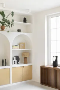 Modern white shelving unit with wooden cabinets and a potted plant on top, featuring decorative objects and books.