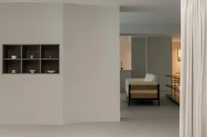 White minimalist living room with a modern sofa and decorative shelves.