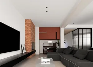 A modern interior living room featuring a brick fireplace, concrete floor, and metal accents.