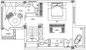 Detailed 2D architectural drawing of a modern single-family home floor plan, featuring living areas, bedrooms, bathrooms, and