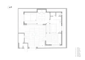 A 2D architectural plan of a modern residential apartment featuring concrete, glass, and steel materials.