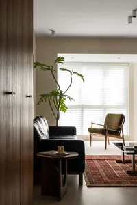 Modern living room featuring a black leather sofa, wooden coffee table, and a potted plant.