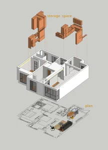A modern storage space floor plan featuring a living room, kitchen, and bedroom with ample storage solutions.